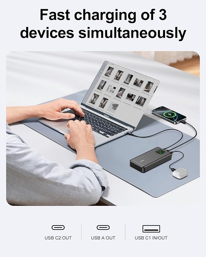 65W Power Bank, 25000mAh Travel Essential USB C Laptop Portable Charger, 100W Total Fast Charging Battery Pack for MacBook Dell XPS iPad Tablet Steam Deck iPhone 17-12 Series Samsung Switch and More