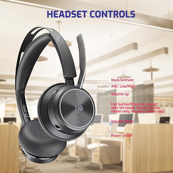 Poly Plantronics Voyager Focus 2 MS, Stereo Bluetooth Headset, USB-C for Teams, Connects to Laptop and Smartphone - Works with Zoom, RingCentral, 8x8, Vonage - w/USB C/A Adapter and GTW Cloth