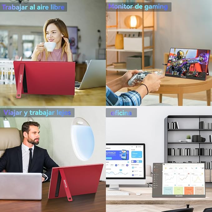 WUAWE 16 inch Portable Laptop Monitor, 100% sRGB Portable Gaming Monitor with Built-in Stand, HDR and Freensync, External USB C Monitor for Laptop, PC, Phone, Switch and PS5(Red)