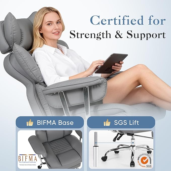 DUMOS Big and Tall Office Chair 350 LBS, Scratch-Resistant PU Leather Executive Office Desk Chair with Footrest, Ergonomic Reclining Computer Chair with Pocket Spring Support for Home Office, Grey