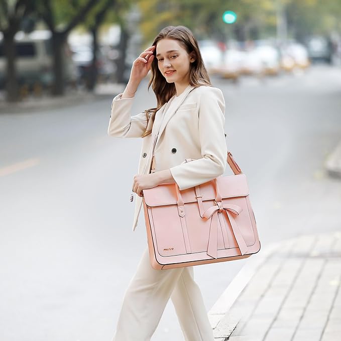 MOSISO Laptop Bag for Women, 13-14 inch PU Leather Laptop Shoulder Bags Convertible Backpack, 13.3 inch Messenger Bags Casual Handbag Work Briefcase Travel Computer Bag with Bowknot, Pink