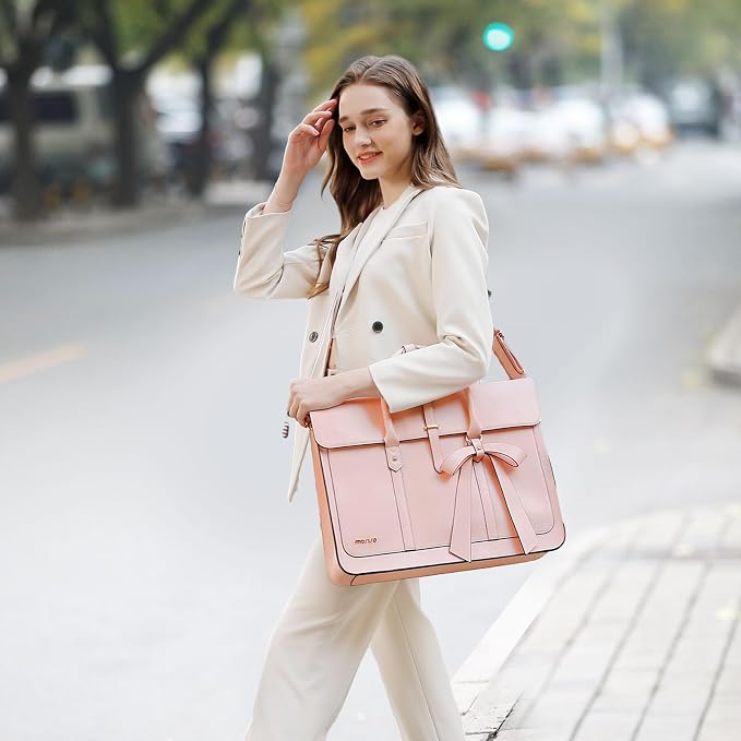 MOSISO Laptop Bag for Women, 17 inch PU Leather Laptop Shoulder Bags Convertible Backpack, 17.3 inch Messenger Bags Casual Handbag Work Briefcase Travel Computer Bag with Bowknot, Pink