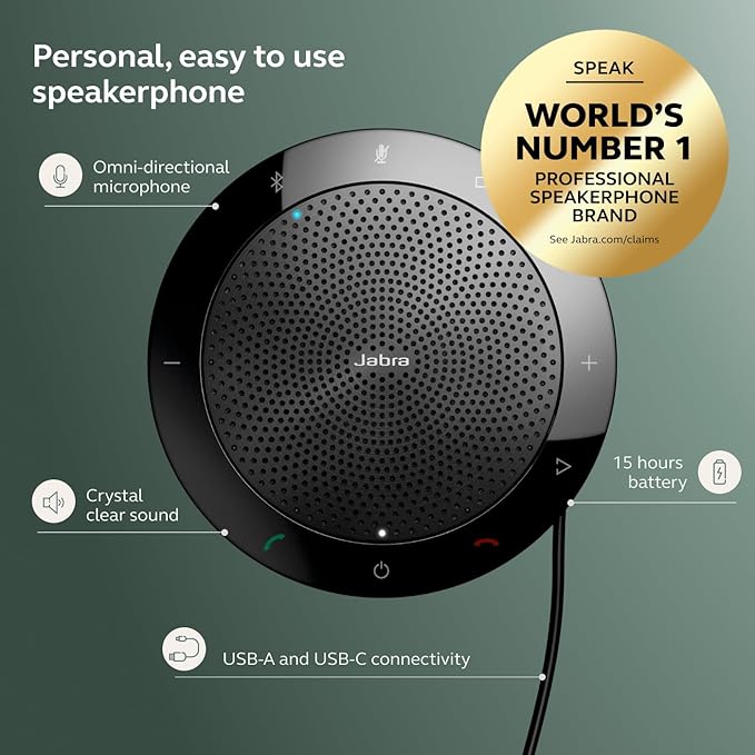 Jabra Speak 510 (2025 Edition) Portable, USB or Wireless Bluetooth Speaker for Meetings and Calls with Crystal-Clear Sound, Works with All Meeting Platforms - Microsoft Teams, Google Meet, Zoom, Black