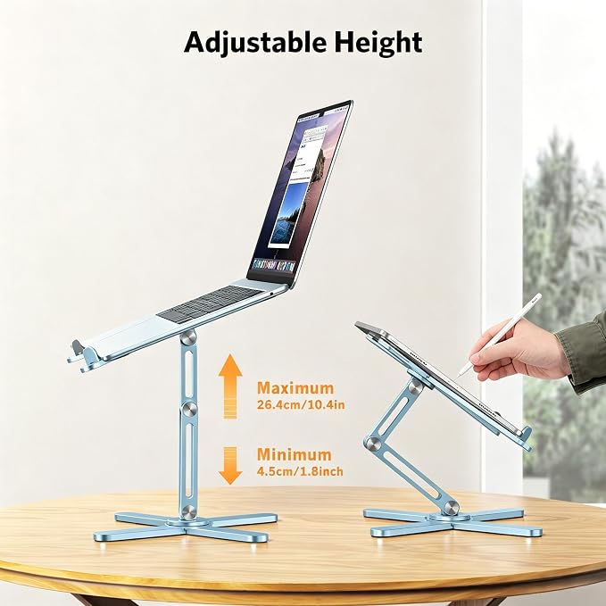 OMOTON 360° Rotating Laptop Stand Riser for Desk, Ergonomic Foldable Computer Stand Adjustable Height Angles for Collaborative Work, Easy Storage Fit Macbooks,All Laptops up to 16 inches,Sky Blue