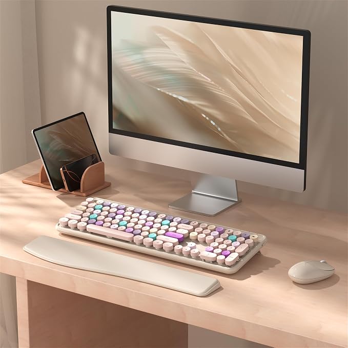 MPTOG Colorful Wireless Computer Keyboard and Mouse Combo with Phone Holder, Wrist Rest, Typewriter Keys, 2.4GHz Wireless, Full-Sized Optical Mouse for PC and Laptop (Khaki)