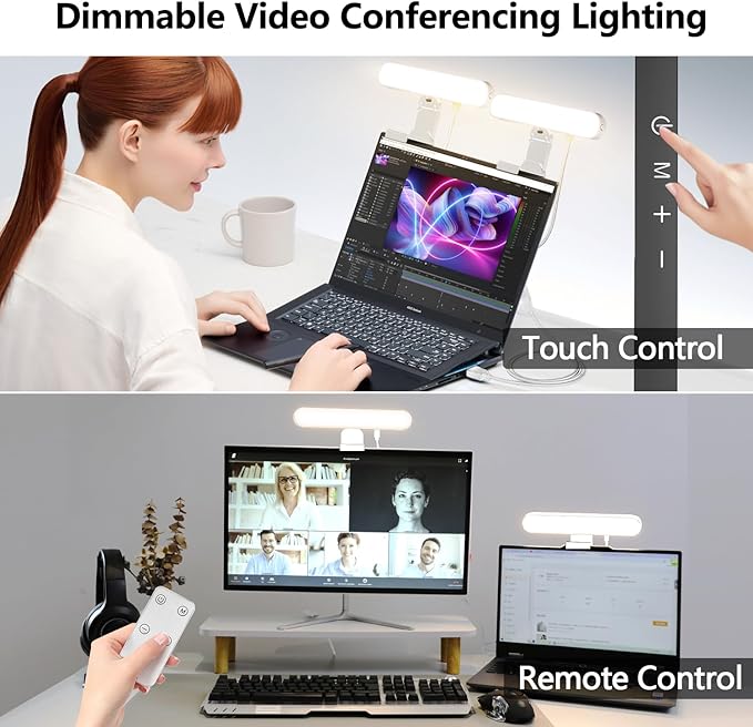 yAyusi Dual-lamp Video Conference Lighting, LED Streaming Light with Remote and Touch Control, Zoom Lighting for Computer,Webcam Laptop Monitor Ring Light for Video Calls/Zoom Meetings (White)