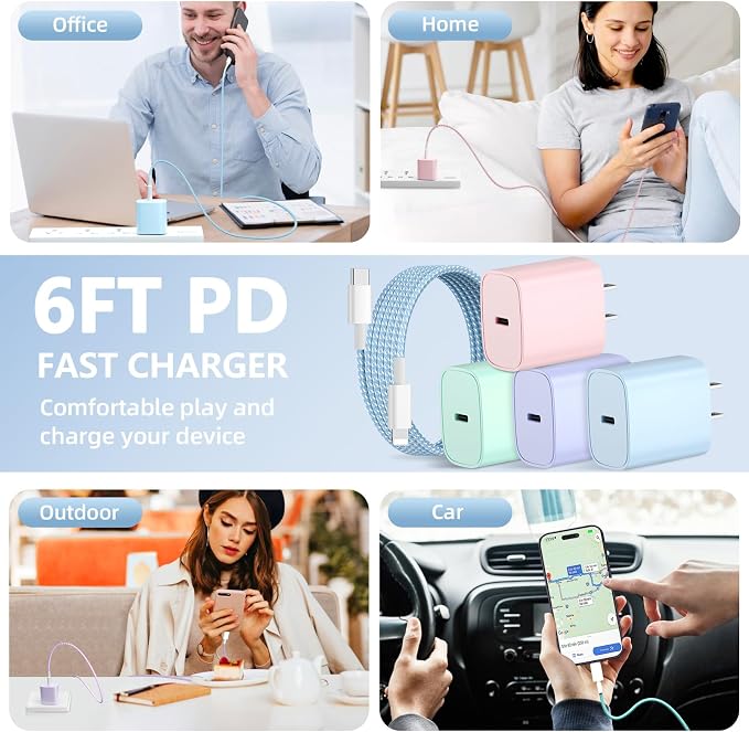 Phone Charger Fast Charging, 4 Pack 20W USB C Wall Charger Block with 6FT Charging Cable Type C Fast Charge Block Compatible with Phone 14/14 Pro Max/13/13 Pro/12/12 Pro/11/11 Pro/XS, Pad and More