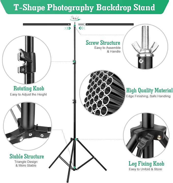 Black White Backdrop Screen with Stand Kit, 5 x 6.5 ft Photo Backdrop Kit, 2-in-1 Revisible Black Backdrop White Screen with T-Shaped Stand and 5 Clamps for Photography Party Decorations