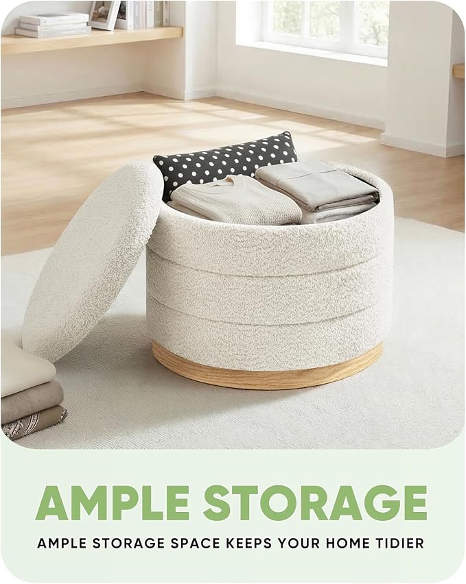B FSOBEIIALEO Round Storage Ottoman with Tray, Folding Ottoman with Storage Coffee Table Foot Rest for Dorm Room Living Room Chenille Fabric,White,22.83"x22.83"x17.32"
