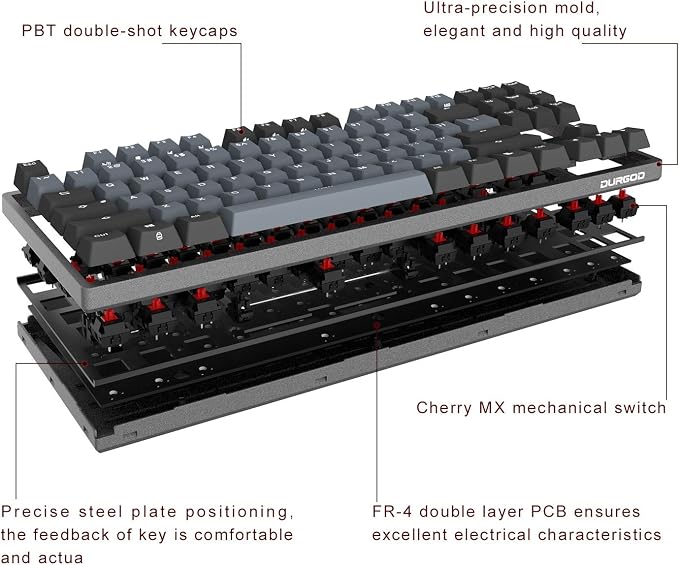 DURGOD Taurus K320 TKL Mechanical Keyboard | 87 Keys Tenkeyless | USB C Wired | Doubleshot PBT Keycaps | Programmable Keys | NKRO Rollover | Windows & Mac | Cherry MX Red, Space Grey