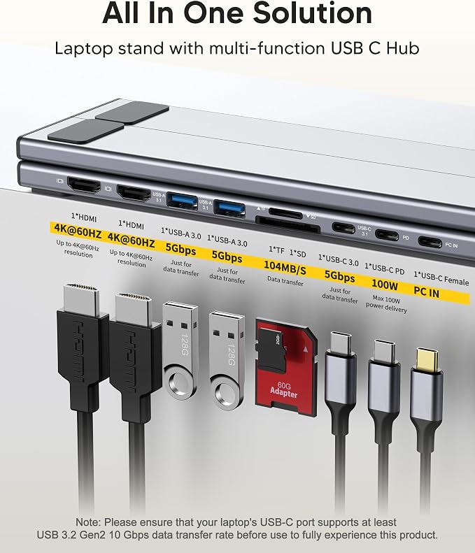 USB C Laptop Docking Station Stand, Dual Monitor 4K@60Hz, 9 in 1 USB C Hub with 2 HDMI, 2 USB 3.0, PD 100W, Universal Dock Station for MacBook Pro/Air/Dell/HP/Surface/Lenovo