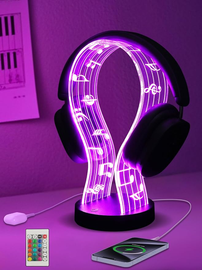 CoolGift Mart Light Up Headphone Stand with 16 Color Lights, Music Notes Pattern Acrylic Headset Stand with 1 USB and 1 Type-C Charging Ports, Gifts for Gamers Men and Music Lovers