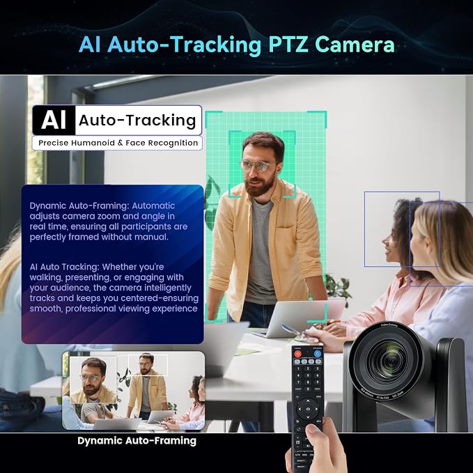 12x Zoom Conference Room Video Camera System, Al Auto-Tracking HD 1080P 60fps 12X Optical Zoom USB3.0 HDMI PTZ Camera 75° FOV and Bluetooth Conference Speaker with Microphones Bundle for Medium Room