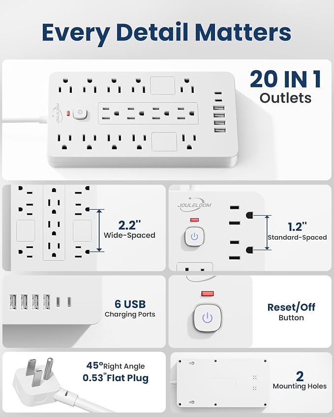 JouleLoom Surge Protector Power Strip-14 Outlets and 6 USB Ports, 10 Feet Flat Plug Extension Cord, 1850 Joules, White, ETL Listed for Home, Office, Dorm Room