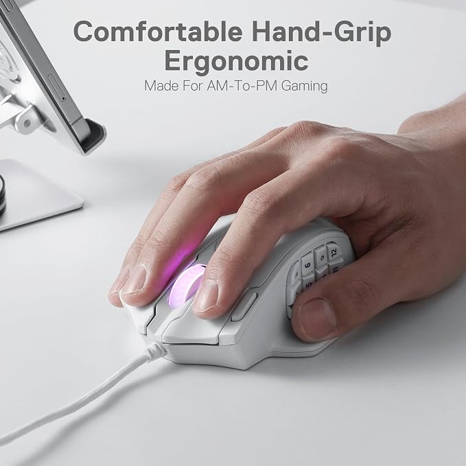 Redragon M908 Impact RGB LED MMO Gaming Mouse with 12 Side Buttons, Optical Wired Ergonomic Mouse with Max 12,400DPI, High Precision, 18 Programmable Macro Shortcuts, Comfort Grip, White