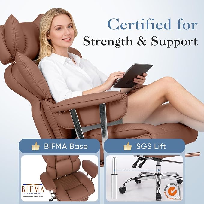DUMOS Big and Tall Office Chair 350 LBS, Scratch-Resistant PU Leather Executive Office Desk Chair with Footrest, Ergonomic Reclining Computer Chair with Pocket Spring Support for Home Office, Brown