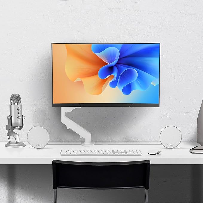 Pholiten Single Monitor Mount, Fully Adjustable Gas Spring Single Monitor Arm for up to 32 inch Screens, Computer Monitor Stand for Desk Holds up to 24lb, VESA 75/100mm, White