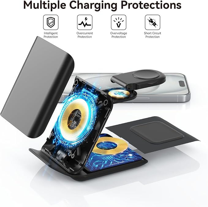 Geyo Wireless Charger for Samsung Galaxy Z Flip 7/6/5/4/3, 3 in 1 Foldable Charging Station for Motorola Razr, Portable Travel Charger for Phone, Galaxy Watch & Buds, Black (PD Adapter Included)