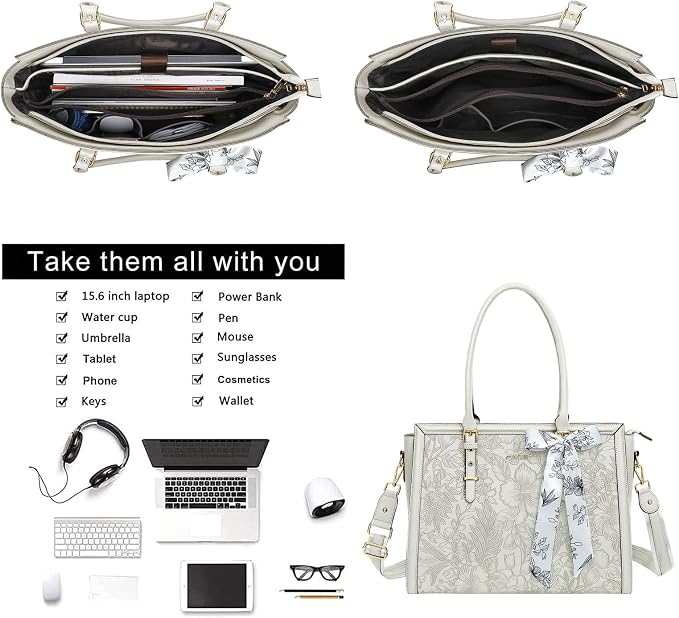 MOSISO Laptop Bag for Women, 15.6-16 inch PU Leather Tote Bag Compatible with MacBook, HP, Dell, Asus Notebook, Front Embossed Retro Hibiscus Computer Bags with Silk Scarf&Clutch Purse, Beige