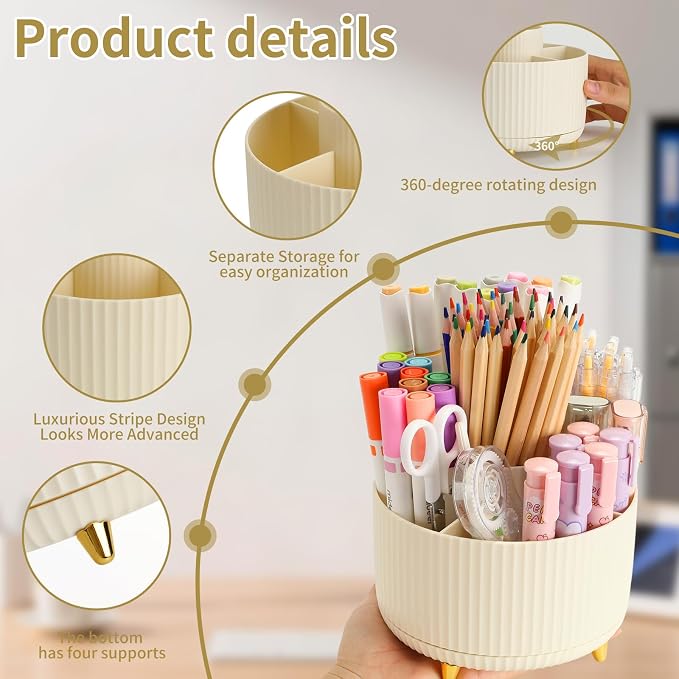 Camelmother Pen Holder For Desk With 5 Slots 360°Rotating Pencil Holder Makeup Organiezr Teacher Supplies Office decor (beige)