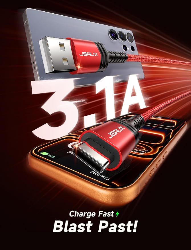 JSAUX USB C Cable [2-Pack 10ft], USB A to USB Cord Fast Charging for iPhone 17e, iPhone Air, iPhone 17, iPhone 17 Pro Max, iPhone 16/iPhone 15 Series, Samsung S20 S10, Note 20 10, Car Play - Red