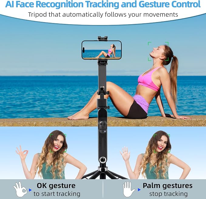360° Auto Face Tracking Tripod, 70" Facial Recognition Tripod with Gesture Control, Selfie Stick with Multi-Color Temperature Fill Light, Live Broadcast/Video Conferencing/Vlog Artifact
