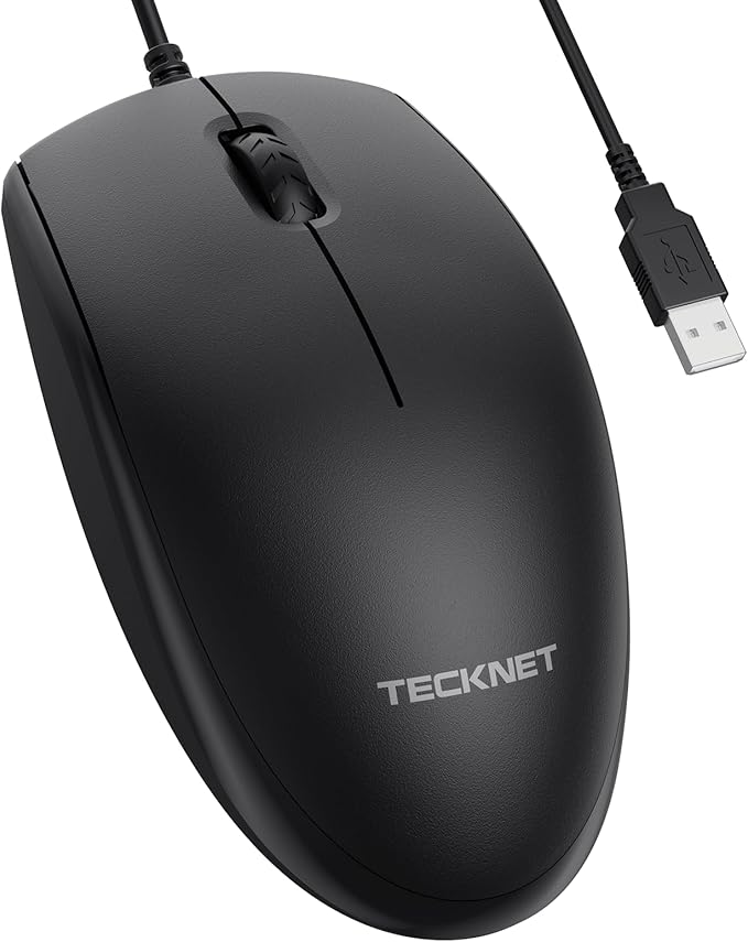 TECKNET USB-A Wired Mouse for Laptop Computer with 2-Button,Home and Office 5FT Corded Mouse, 1600DPI Ergo-Optic Shape PC Mouse Wired for Chromebook,PC,Desktop,Notebook-Black
