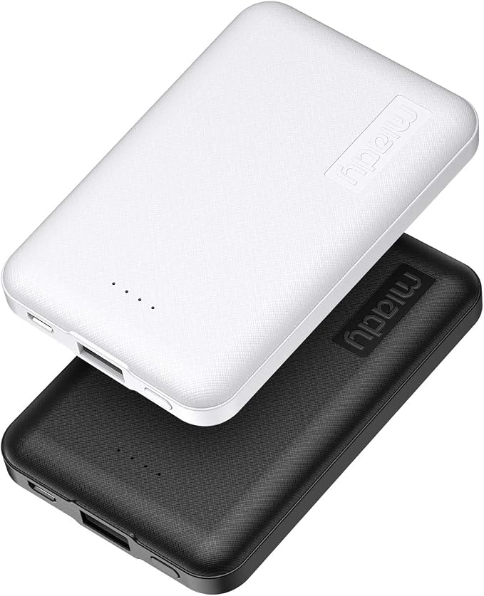 Miady 2-Pack 5000mAh Mini Portable Charger, 5V 2.4A USB-C Output Fast Charging Power Bank for Travel Small Battery Pack Compatible with iPhone 17/16/15 Galaxy S24/S22 iPad Android etc (White+Black)