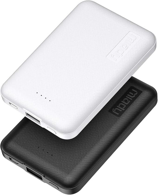Miady 2-Pack 5000mAh Mini Portable Charger, 5V 2.4A USB-C Output Fast Charging Power Bank for Travel Small Battery Pack Compatible with iPhone 17/16/15 Galaxy S24/S22 iPad Android etc (White+Black)