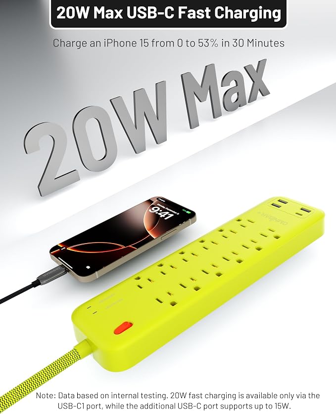 USB Surge Bar 12 Power Strip - 12 Outlets 4 USB Ports(1 USB C), Multi Plug Outlet Extender with 6Ft Braided Extension Cord, 3600 J, Wall Mount, Flat Plug, Desk Charging Station for Office Home