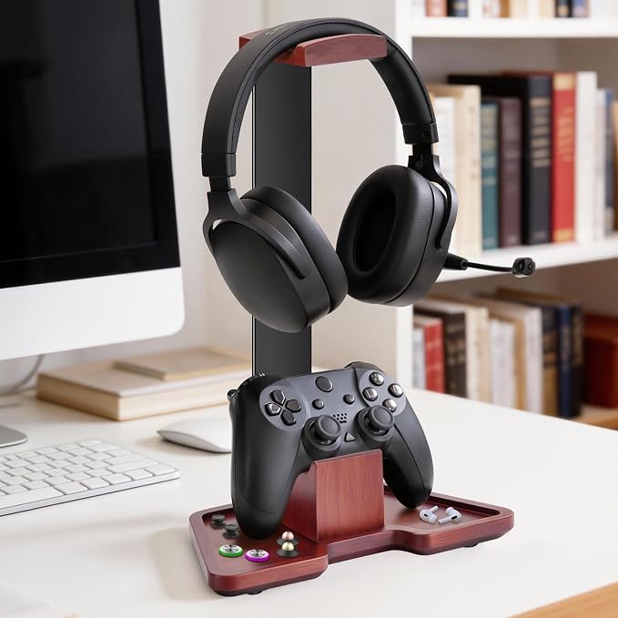 Headset Stand with Gaming Controller Holder, Walnut Wood Headphone Stand with Storage Base,Gaming Equipment Accessories for Desk, Boyfriends, Brothers, Xbox, PS4, PS5, PC