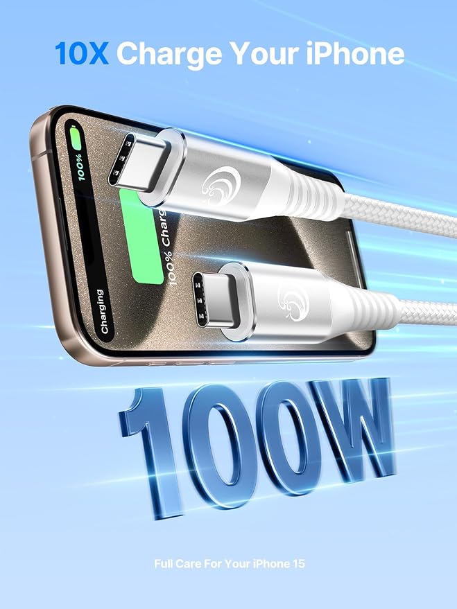 USBC to USBC 100W [3ft/2 Pack] USB C to USB C Fast Charging Cable Braided C to C Charger Cord 5A for MacBook Pro/Air, iPhone 16 15 Pro Max Plus,iPad Pro,Samsung Galaxy S24 Ultra S23,Pixel,PS5,Switch