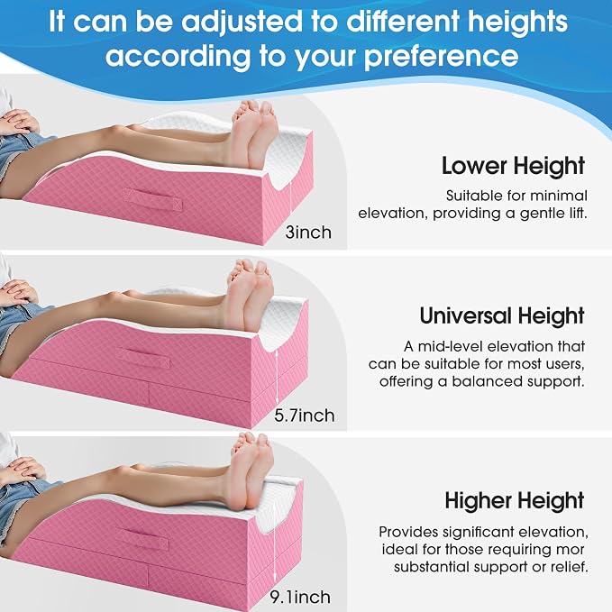 TranquilRelax Leg Pillow, Leg Elevation Pillow with Pad and Memory Foam, Height Adjustable Bolster Pillow for Legs, Leg Pillow Elevation Blood Circulation, for Post-Surgery, Pink