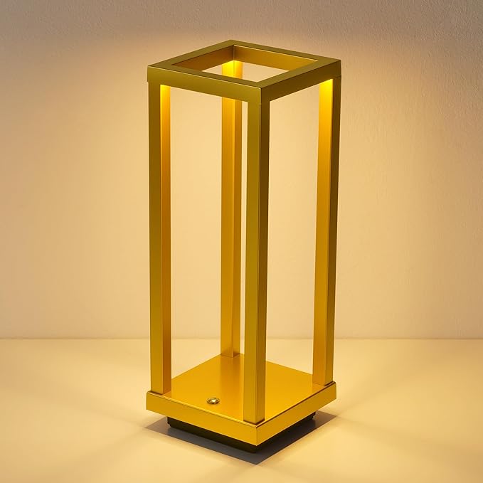 PUSU Cordless Waterproof Table Lamps, Gold Outdoor Rechargeable 4000mAh Battery Operated Desk Lamp 2700K 3-Level Dimmable, Portable LED Lighting for Patio, Camping, Bedroom, Night Light