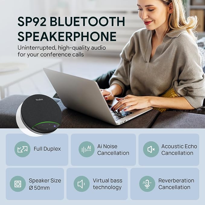 Yealink SP92 Conference Speaker and Microphone with AI Noise Cancellation, 20H Call Time, 13ft Pick-up, 360 Omni Mic 50mm Full-Duplex Speaker, Bluetooth 5.3 USB Speakerphone for Teams