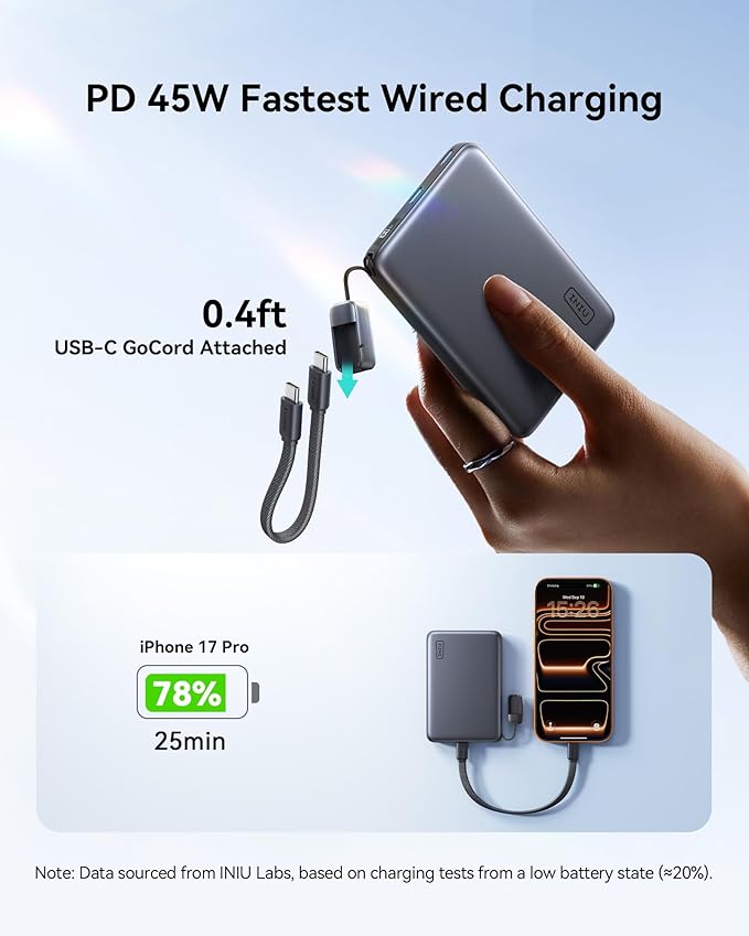 INIU Slimmest Power Bank for MagSafe, 10000mAh Qi2.2 Certified 25W Wireless & 45W Wired USB C Fast Charging Portable Charger, Flight-Safe Travel Phone Magnetic Battery Pack for iPhone 17-12 Series