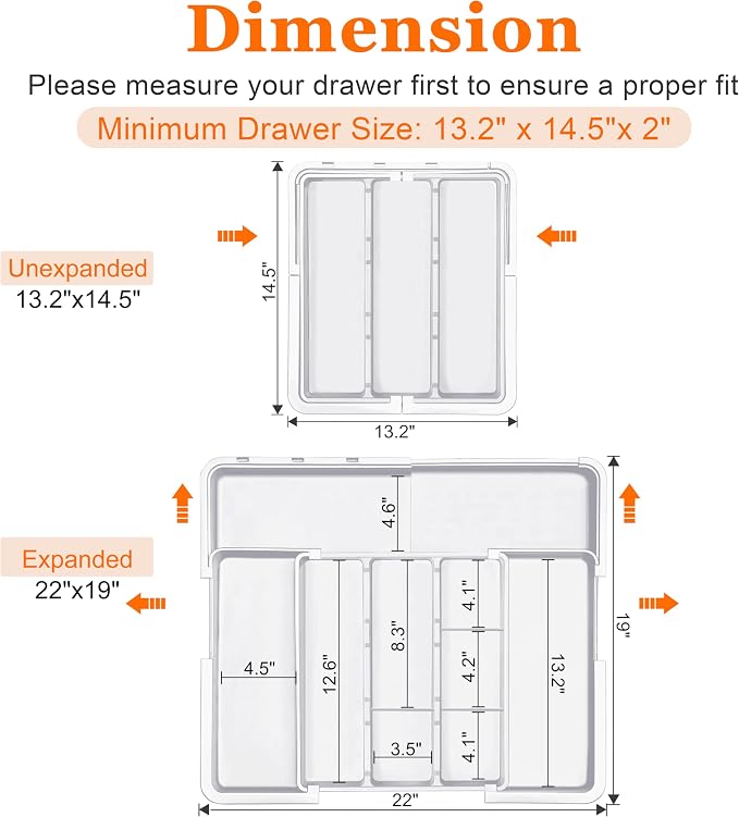 Spaclear Large Utensil Drawer Organizer Expandable Silverware Organizer for Kitchen Drawer Adjustable Cooking Utensil Holder Cutlery Flatware Tray Spatula Tools Gadgets Storage Dividers Plastic White