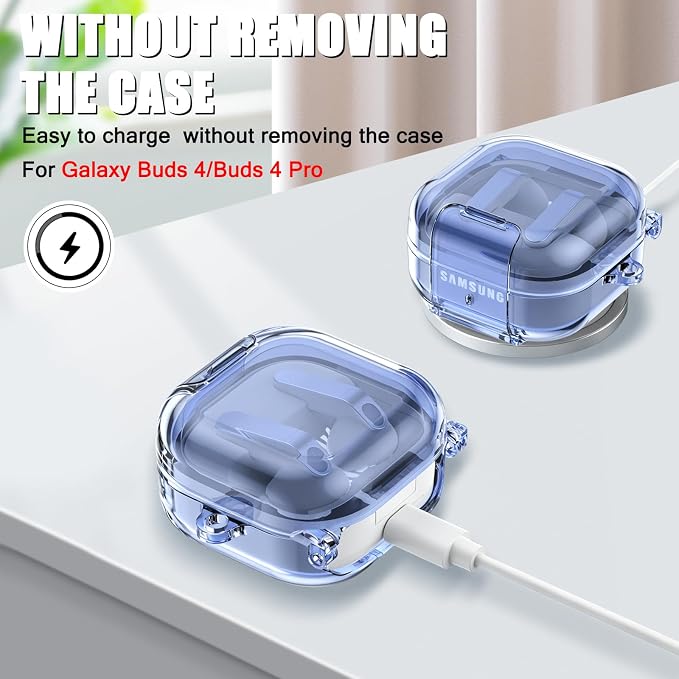 CameCosy Transparent case Compatible for Samsung Galaxy Buds 4/Buds 4 Pro 2026 with Lock Buckle & Phone Stand Function, TPU Shockproof Anti-Scratch Cover with Carabiner for Women Men, Clear Blue