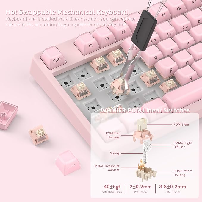 Womier 75% Pink Keyboard Wireless with Color Multimedia Screen, Creamy Mechanical Gaming Keyboard, 3-Modes Hot Swappable Cute Key Board w/Wrist Rest, Gasket RGB Custom for Mac/Win (SK80 PRO)