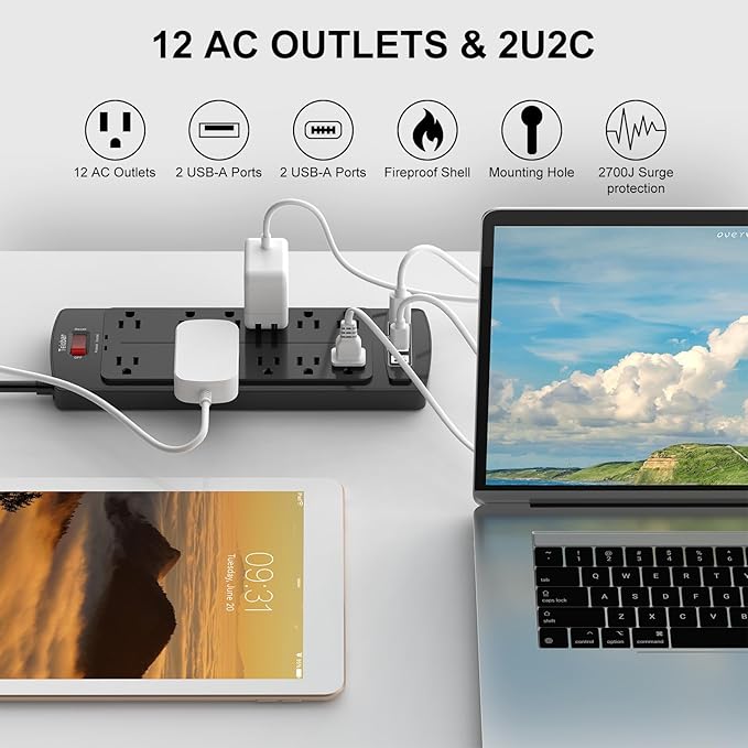 6 Ft Extension Cord Power Strip, Teiobar Surge Protector with 12 AC Outlets and 4 USB Ports for Home, Office, Dorm Essentials, 1875W/15A, 2700 Joules, ETL Listed, Black