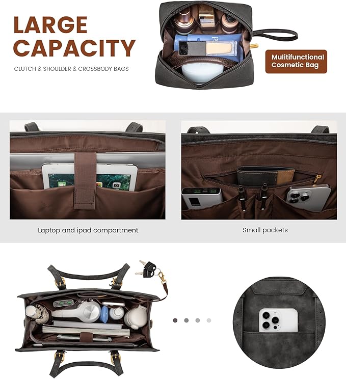 LOVEVOOK Laptop Bag for Women Vintage Leather Work Tote 15.6 inch Large Capacity Computer bag with Clutch Purse for Office, Travel, School, Casual