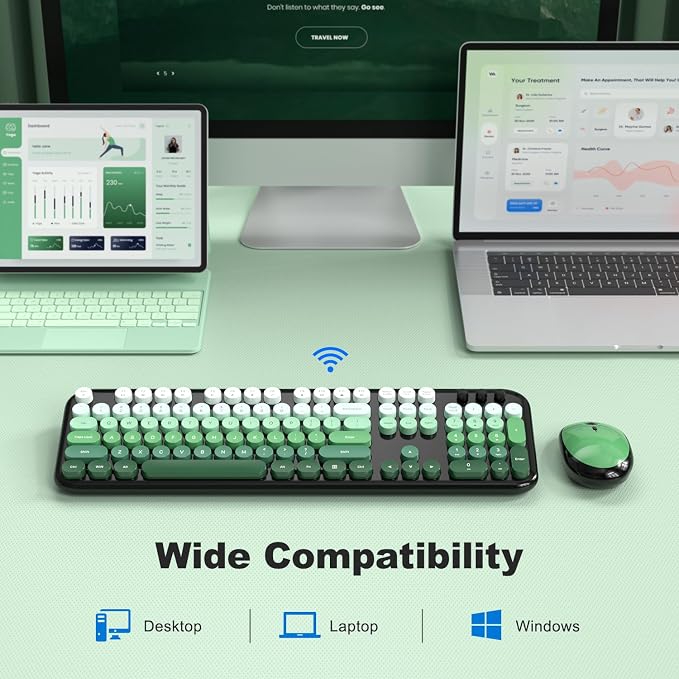 MOFII Wireless Keyboard and Mouse Combo, 2.4GHz Retro Typewriter Keyboard Full Size, Quiet Click Mouse, USB Receiver Plug and Play, for PC, Laptop, Desktop, Windows (Black Green Gradient)