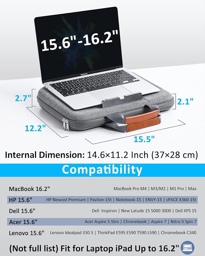 Hard Laptop Case 15.6 Inch for HP Dell Lenovo ASUS Acer - 2 in 1 Laptop Sleeve & Lap Desk with Stopper and Book Clip, Shockproof Waterproof 16.2 MackBook Pro Case - Gray