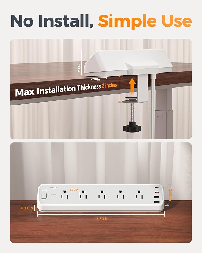 TESSAN Desk Clamp Power Strip 6 Ft, 2100J Surge Protector Desk Charging Station, 5 Outlets with 4 USB Ports (2 USB C), Flat Plug Extension Cord with Multiple Outlets for Home Office Dorm Room, Grey