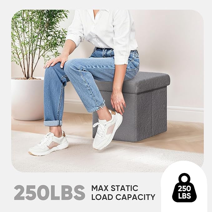 PINPLUS Storage Ottoman Cube Square Shaped Ottomans with Storage Foot Stool Footrest for Lving Room Boucle Ottoman Seat for Dorm Room,Faux Teddy Fur Grey,12.6"x12.6"x12.6"