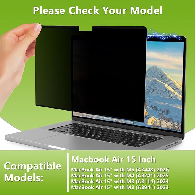 Magnetic Privacy Screen Protector for MacBook Air 15 Inch (2023-2026, M2, M3, M4, M5) A3448/A3241/A3114/A2941, Removable Matte Anti Glare Blue Light, Screen Filter for Mac 15inch Laptop