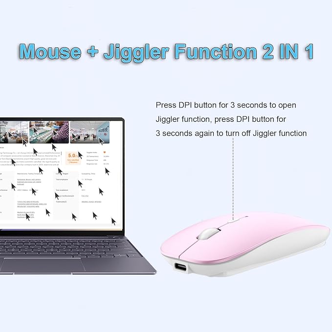 SUNGI Bluetooth Mouse,Slim Rechargeable Silent Mouse with Jiggler Mode for MacBook pro MacBook Air/iPhone/ipad/Tablet/Laptop/Notebook,Pink