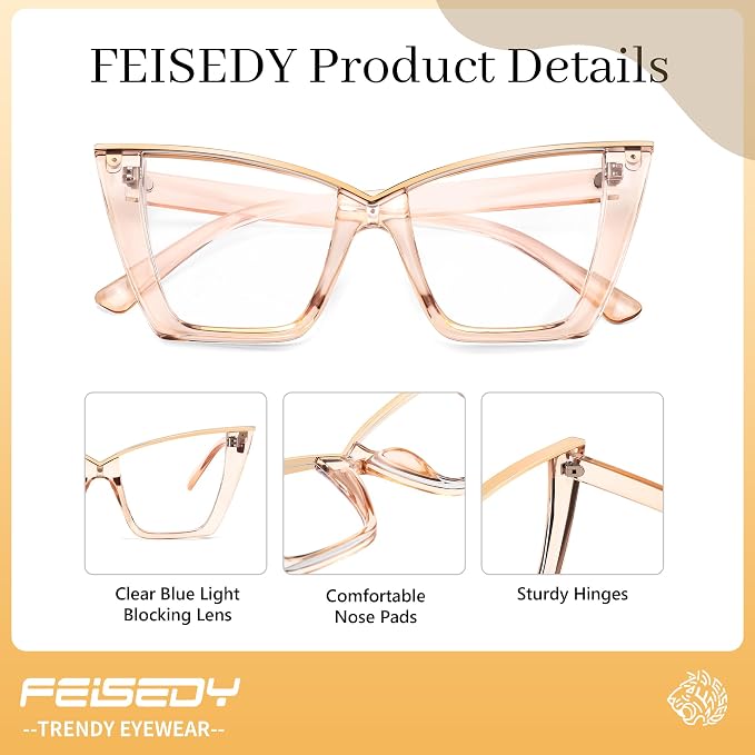 FEISEDY Fashion Cat Eye Blue Light Blocking Glasses for Women Fake Retro Eyeglasses Oversized Stylish Eyewear Frame B0240