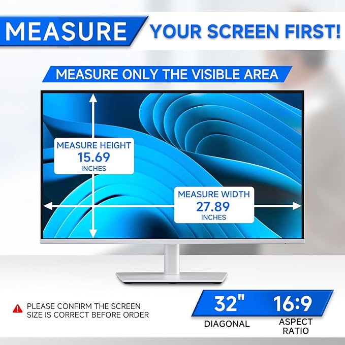 [2-Pack] Privacy Screen For Computer Monitor, 32-Inch 16:9 Aspect Ratio; Anti Spy/Bule Light/Glare And Eye Protection, 2 Install Ways Removable For Office, Airport, Cafe And Other Public Area; Diagonal 32 Inches, Width 27.89 Inches, Height 15.69 Inches