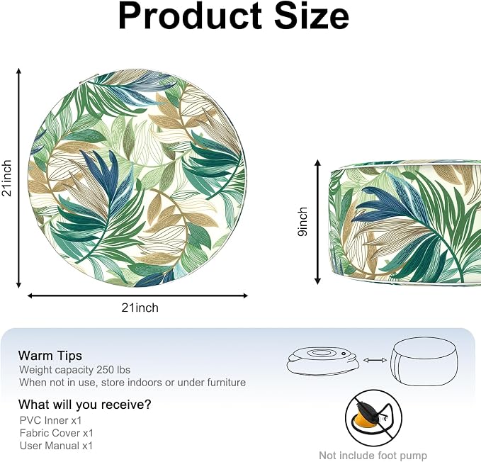 DYTXIII Inflatable Ottoman Stool D21 xH9 for Outdoor/Indoor Use, Water Repellent Patio Foot Rest Stool with Portable Handle,Round Pouf Ottoman Suitable for Garden,Deck and Camping - Lush Leaf Green